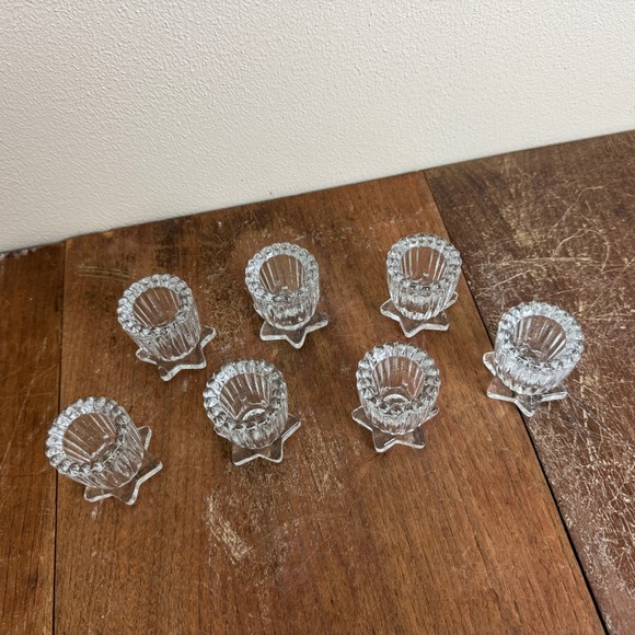 Vintage Set 7 Pressed Glass Star Base Scalloped Edge Candle holder Salt Cellar - Picture 5 of 8